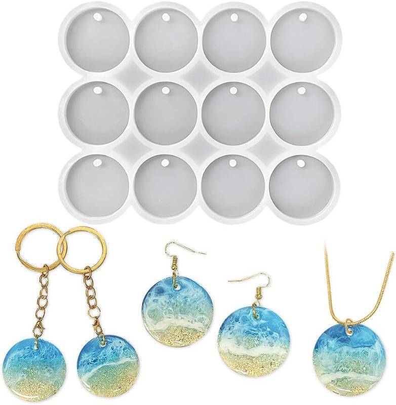 lot 20393 image: RESINWORLD 12-Cavity 1.37 Shiny Flat Circle Silicone Mold with Hole, PendantEarringsRound Keychain Mold, Pet Tag Resin Casting Mold
