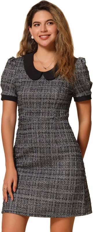 lot 19570 image: Allegra K Peter Pan Collar Dresses for Womens Plaid Puff Short Sleeve Mini Tweed Dress SIZE XS