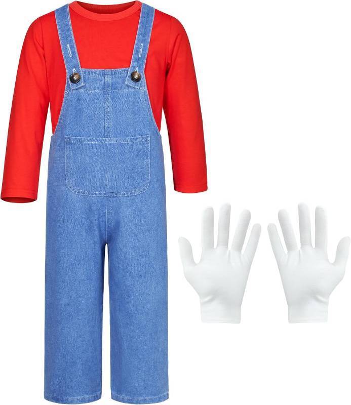 lot 19586 image: Plumber Costume for Kids Shirt Overalls Glove Boys Halloween Party Cosplay 4 years