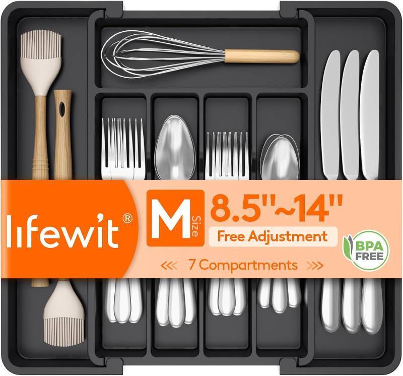 lot 20052 image: Lifewit Expandable Silverware Organizer, Plastic Utensil Tray for Kitchen Drawer, BPA Free Flatware Cutlery Holder, Space-Saving Storage for Spoons Forks Knives, 8.5-14 x 12 x 1.5 inch, Black