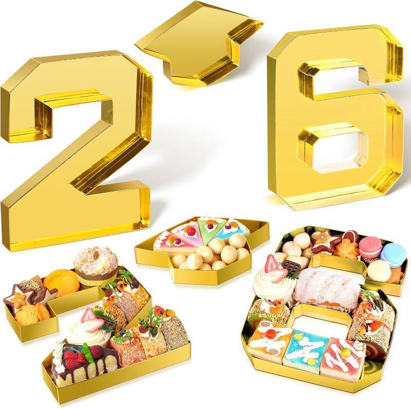 lot 20056 image: Graduation Number Charcuterie Board Box Decorations 2026, 10 Grad Cardboard Numbers Tray Fillable for Charcuterie, Graduation Centerpieces Tables Decorations for College Grad Party Supplies, Gold