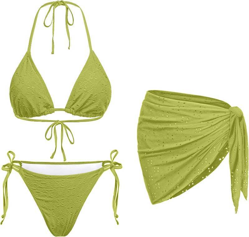 lot 20471 image: Women 3 Piece Swimsuits - Sexy Triangle Bikini Sets with Cover Up Halter String Tie Side Bathing Suits Green Size XXL 2XL