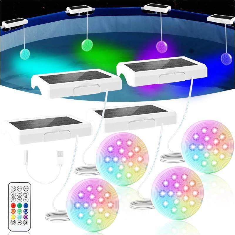 lot 20590 image: Solar Pool Lights for Inground Pools(4 PACK), Upgraded USB Rechargeable IP68 Waterproof Submersible Pools Lights, 4.55 Inch 22 Colors Changing Outdoor Solar Lights with Magnet for Above Ground Pools