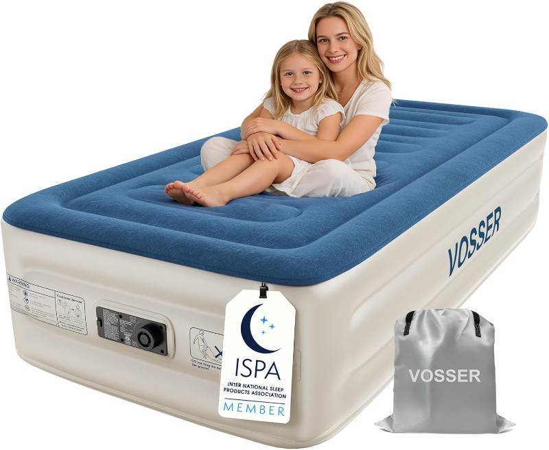 lot 20751 image: VOSSER Twin Air Mattress with Built-in Pump,Fast & Easy InflationDeflation Inflatable Mattress, Foldable Blow Up Mattress with Storage Bag, Inflatable Bed for Home, Camping & Guests