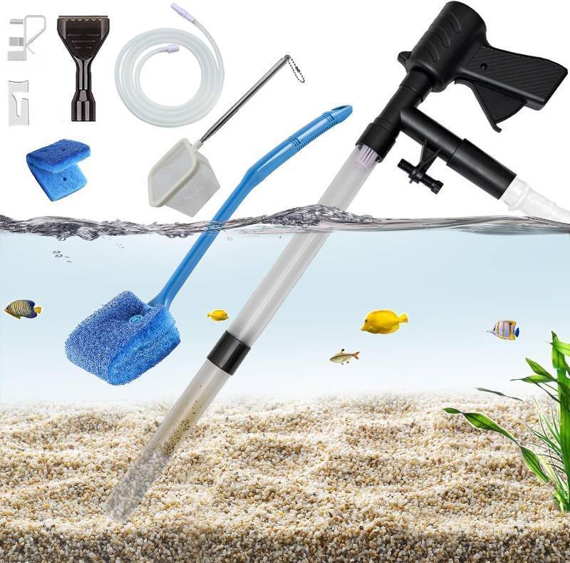 lot 20772 image: Carefree Fish Aquarium Gravel Cleaner 1530In with 6Ft Water Hose Fish Tank Water Changer Sand Vacuum with Skimmer Net and Long Handle Sponge Brush Algae Scraper