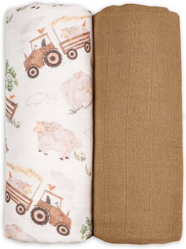 lot 20778 image: GLLQUEN BABY Muslin Swaddle Blankets Breathable Receiving Blankets (35 x 40) 2-Pack Soft Baby Blankets for Girls and Boys Newborn Essentials Muslin Burp Cloths Swaddle Wrap Baby Gift(Barn Prelude)