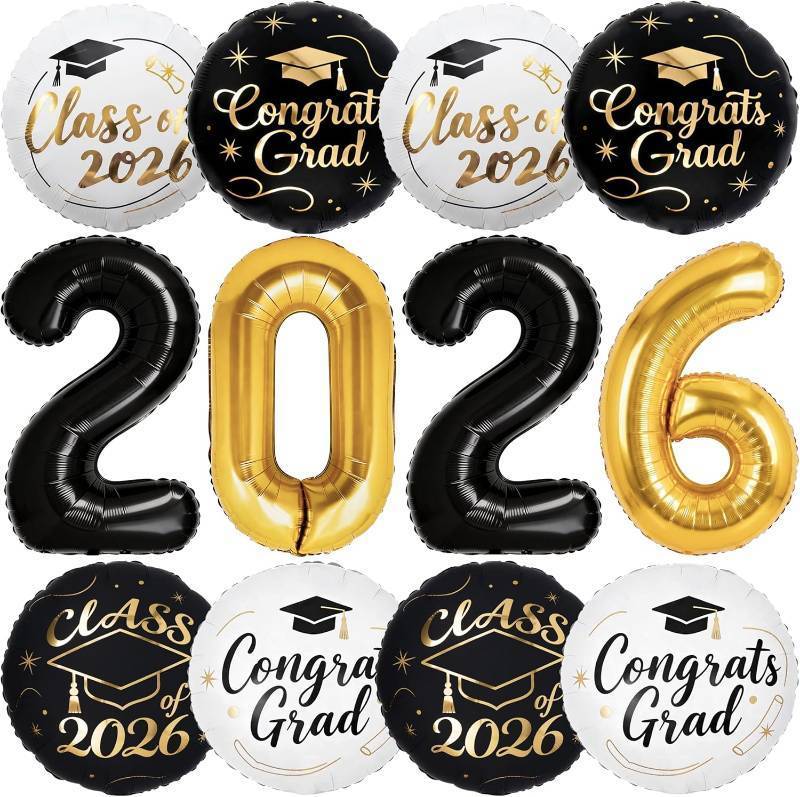 lot 21044 image: PartyWoo Graduation Balloons Class of 2026 Black White Gold 12pcs Balloons 40 Inch 2026 Foil Number Balloons 18 Inch Congrats Grad Mylar Balloons for Black White Graduation Decorations Party Supplies