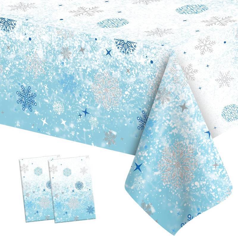 lot 21053 image: 2 PCS Blue White Plastic Snowflake Tablecloth(54x108 Inch) Frozen Birthday Winter Wonderland Decorations Disposable Table Cover Tablecloths for Christmas Holiday New Year Party Favors Supplies Decor