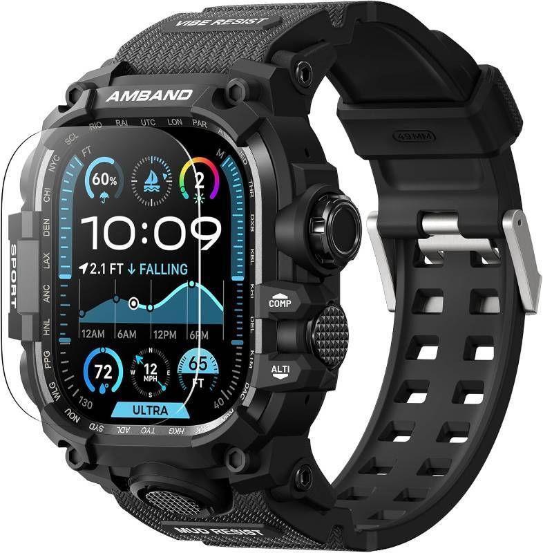 lot 21075 image: amBand Rugged CASE WITH BAND for Apple Watch Ultra 321 49mm, M3 Military Grade Shockproof Cover, Includes Screen Protector Kit, Tactical Band for Men - Compatible with iWatch Ultra, Matte Black