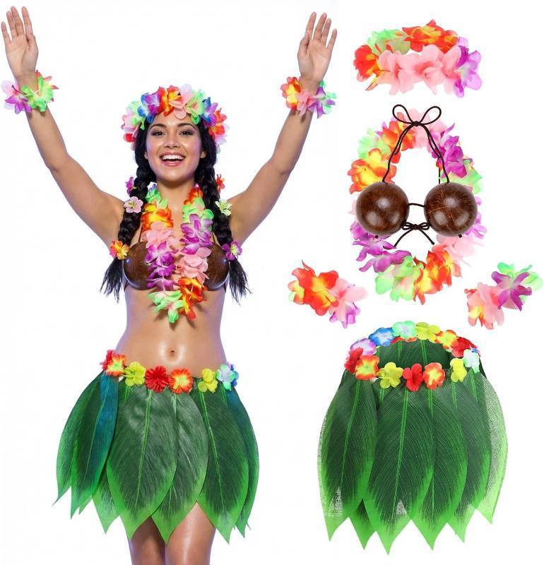 lot 21096 image: Shihanee Hawaiian Hula Grass Skirt Set Coconut Bra Tropical Leaf Hula Skirt with Artificial Hibiscus Flowers Leis for Women