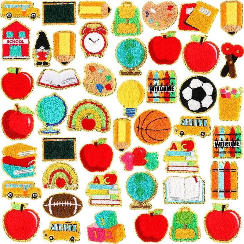 lot 21157 image: VioraWhite 48 Pcs Back to School Iron on Patches Chenille Apple School Bus Pencil Sew on Embroidery Applique Sewing Apple Patches for Teacher Students Clothing Jeans Hats DIY Accessory Craft Gift