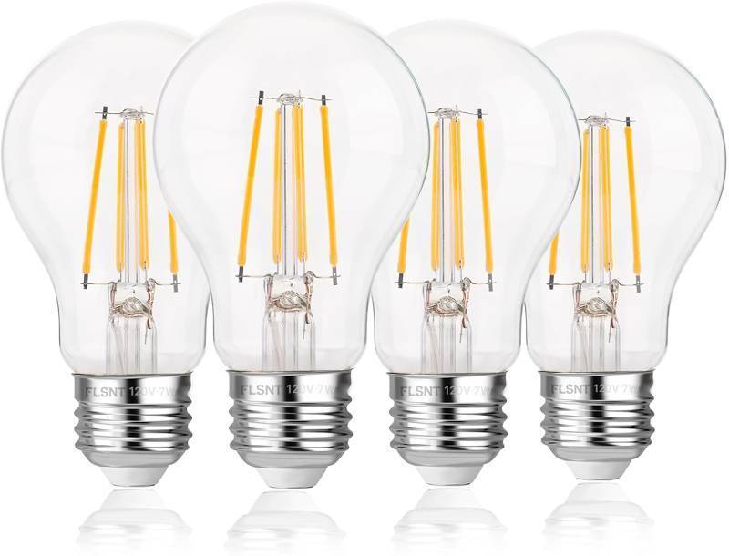lot 21186 image: FLSNT 60W Equivalent Dimmable A19 LED Light Bulbs, Efficient 7W, 800Lumens, 2700K Soft White, CRI82, E26 Standard Base, 15000 Hours, LED Filament Light Bulbs, Clear Glass, 3 PCS ONLY