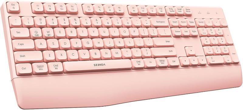 lot 21190 image: seenda Bluetooth Wireless Keyboard, Wireless Ergonomic Keyboard with Wrist Rest, Multi-Device Bluetooth Keyboard with Number Pad, Full-Size Keyboard for LaptopMacBookMacWindows, Pink