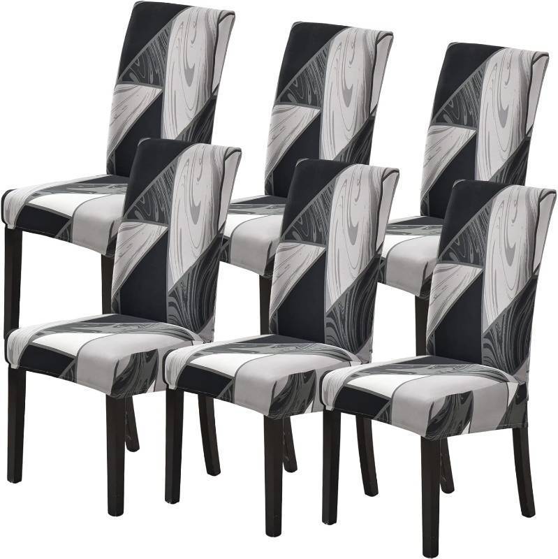 lot 21491 image: Dining Room Chair Covers Set of 6, Stretch Parsons Chair Slipcovers Removable Washable Spandex Printed Chair Seat Protector Cover for Hotel, Office, Ceremony, Banquet, Wedding Party (BlackGrey)