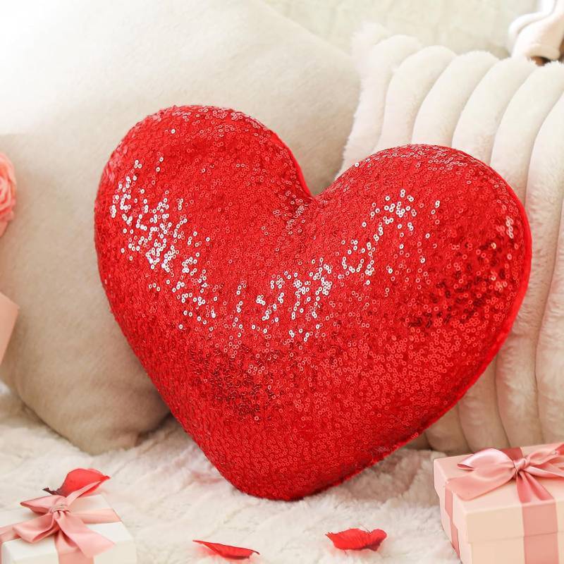 lot 21679 image: Yookeer Glitter Sequins Heart Shaped Pillow 14 x 12 Decorative Sparkling Throw Pillows Solid Soft Shiny Cushion for Women Girls Wedding Anniversary Bed Couch Decor(Red)