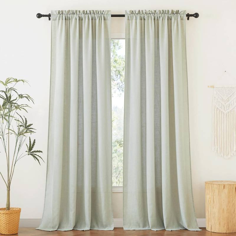 lot 21781 image: RYB HOME Green Linen Curtains 90 inches Long for Living Room Kids Room, Light Filtering Privacy Protection Home Decor 2 Panels Set for Sliding Glass Door, W 52 x L 90 inches, Sage Green