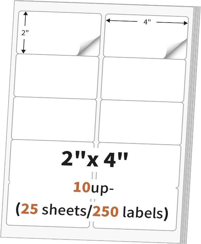 lot 20182 image: 2x 4 (25 Sheets) Address Labels, Labels Sticker Paper for LaserInk Jet Printer, Printable and Writable White Sticker Labels- Matte, 10 per Page Labels (Total 250 Labels)