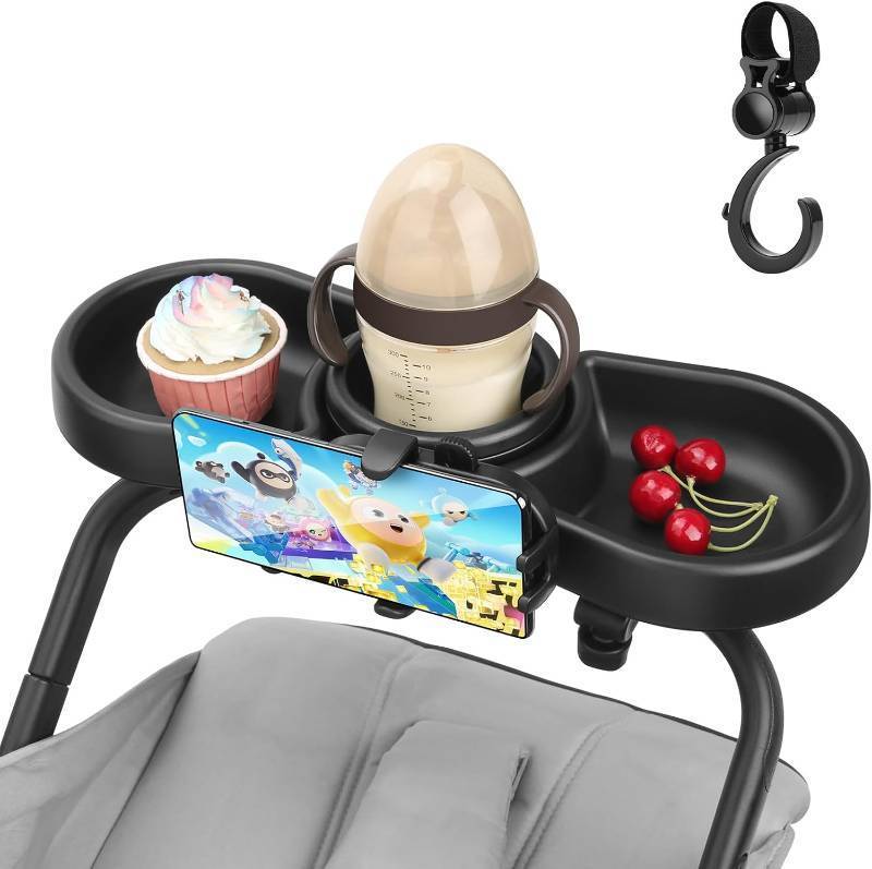 lot 21956 image: Universal Stroller Snack Tray, 4 in 1 Stroller Tray Attachment with Cups Phone Holder for Baby Toddler Stroller, 360  Rotation Universal Stroller Tray Compatible with Uppababy, Baby Jogger, etc
