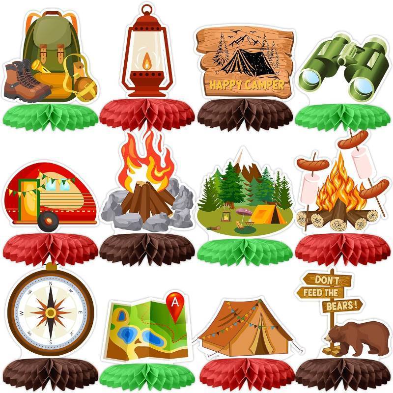 lot 21975 image: Tarklanda 12 Pcs Camping Party Honeycomb Centerpieces Campfire Adventure Party Table Decorations 3D Honeycomb Birthday Supplies Photo Props
