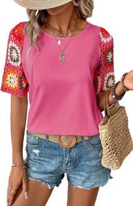 lot 26811 image: SHEWIN Womens Crochet Floral Print Tops Casual Short Sleeve T Shirts Crewneck Boho Beach Vacation Clothes SIZE M