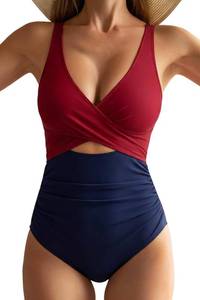 lot 26815 image: Womens One Piece Swimsuit, Tummy Control Full Coverage, Color Block Ruched Wrap V-Neck, Beach & Vacation SIZE M