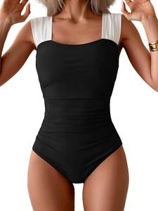 lot 26843 image: B2prity Womens One Piece Swimsuit Retro Square Neck Tummy Control Bathing Suits Ruched Modest Full Coverage Swimwear SIZE M
