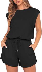 lot 26853 image: GRECERELLE Rompers For Women 2026 Summer Cap Sleeve Adjustable Drawstring Waistband Cozy Lounge Short Jumpsuit With Pocket SIZE L