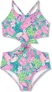 lot 26860 image: Dvenki Girls Cutout One Piece Swimsuit Adjustable Straps Sizes 6X-16  stretchy fabric, color block, front bow tie, tropical print, teen girl for beach, pool, vacation, summer camp Size 14