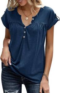 lot 26866 image: Womens V Neck T Shirts Rolled Short Sleeve Henley Tops Button Up Solid Loose fit Summer Casual Tees Shirts Size Large