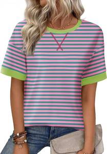 lot 26873 image: Zeagoo Womens Striped Shirts for Women Spring Tops Dressy Casual Short Sleeve Crew Neck Summer Work Tunic for Leggings Pink-Green Size Medium