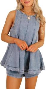 lot 26875 image: Denim 2 Piece Set For Women Sleeveless Crew Neck Pleated Top Loose Shorts 2026 Fashion Lounge Jean Shorts Work Out Set Size Large