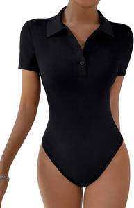 lot 26882 image: SweatyRocks Womens Short Sleeve Polo Shirt Bodysuit Ribbed Half Button Collared Leotards Size XL