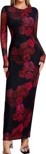 lot 26885 image: KUTUMAI Women Long Sleeve Floral Bodycon Maxi Dress 2025 Fall Elegant Mesh Formal Wedding Guest Cocktail Dresses Size Small