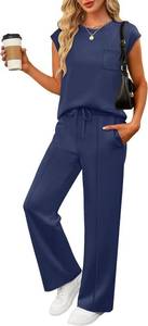 ANRABESS Two Piece Sets for Women 2026 Summer Travel Vacation Outfits Sleeveless Lounge Set Matching Wide Leg Pants Sweatsuit Size Small