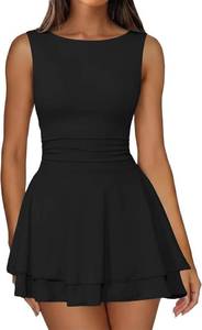 lot 26899 image: IWD Womens Boat Neck Sleeveless Mini Dress Ruched Waist Flowy Tiered Ruffle Hem A Line Party Short Dresses Size XS