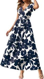 Gracyoga Women's Summer Dresses 2026 Short Sleeve Maxi Dress Casual V Neck Flowy Sundress with Pockets SIZE L