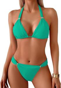 lot 26927 image: TASHEHE Womens Triangle Ruched Bikini Set Sexy Two Piece Swimsuit Halter Sliding Rings Bathing Suit SIZE L