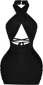 lot 26932 image: SweatyRocks Womens Ruched Mesh Backless Halter Bodycon Mini Dress Cut Out Crisscross Wrap Club Dresses SIZE L