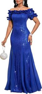 lot 26934 image: dasmzper Womens Off Shoulder Sequin Formal Dress - Ruffle Short Sleeve Mesh Evening Gown for Wedding, Prom, Party SIZE M