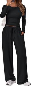 lot 26937 image: Trendy Queen Womens 2 Piece Matching Lounge Set Long Sleeve Side Ruching Top Wide Leg Drawstring Pants Set with Pockets SIZE M