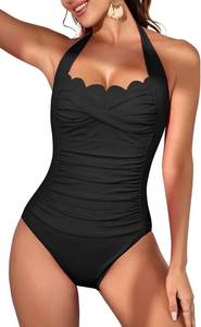 lot 26959 image: Eomenie Women One Piece Tummy Control Swimsuit Halter Scallop Trim Bathing Suits 1 Piece Vintage Ruched Slimming Swimwear Size Medium