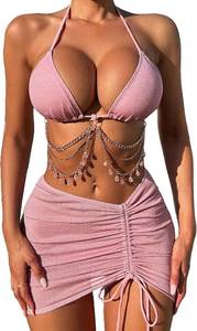 lot 26966 image: COZYEASE Womens 3 Piece Bikini Set Backless Halter Neck Triangle Chain Swimsuit Set with Beach Skirt Size Medium