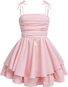 lot 26993 image: RoseSeek Girls Flowy Cami Dress Ruched Sleeveless Pink Layered Ruffle Kawaii Short Smocked Summer Dresses Size 12Y