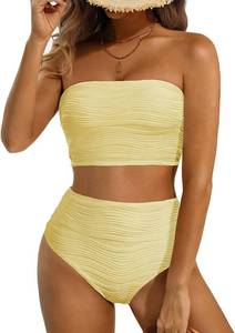 lot 27016 image: High Waisted Bandeau Bikini Set - Women Strapless Two Piece Swimsuits Ribbed Longline Full Coverage Bathing Suits Swimwear Size Medium