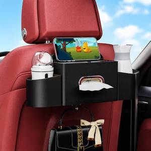 lot 27039 image: Back Seat Car Organizer with One Towel Leather Wood Materials Car Back Seat Storage Box 2 Drink Cup Holder Tissue Box for Hold Phone Drinks Handbag Compatible with Most Vehicles (Black)