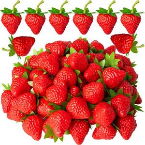 lot 27040 image: 40Pcs Fake Plastic Strawberries, Artificial Lifelike Fruit Red Strawberries with Green Stem and Leaf for Home Kitchen Party Decor Photography Prop