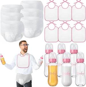 lot 27050 image: 6 Sets Bottle Chug Baby Shower Games Juegos Para Plastic Baby Bottles Bibs Disposable Diapers Gender Reveal Games Baby Changing Diaper Race Game Decoration (Pink)