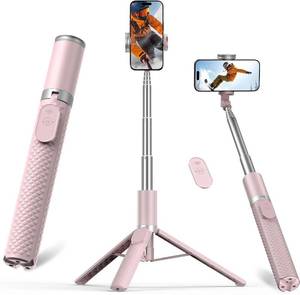 lot 27061 image: Vimose Phone Tripod & Selfie Stick with Remote, Portable, Lightweight for Video Recording Vlog, Extendable Travel Tripod Stand Compatible with iPhone Android, Pink, 62