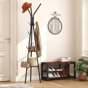 lot 27085 image: HOMEFORT Coat Rack, Coat Hanger Stand with 2 Shelves, Freestanding Hall Tree, Metal Hat Hanger with 12 Hooks for Clothes Hats and Scarves, Black and Rustic Brown,15.7 Wx15.7 Dx72.8H