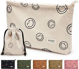 lot 27114 image: WLLWOO Makeup Bag-2pcs Smile Face Corduroy Cosmetic Bag Zipper Interior Waterproof Pencil Case Coin Purse Travel Toiletry Small Makeup Pouch For Women